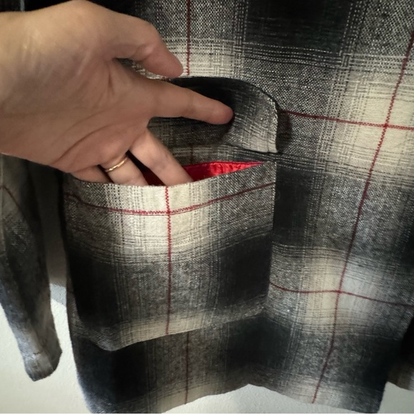 Billabong Wool Blend Plaid Peacoat Jacket Black Red White Snap Tab Closure-M - Picture 6 of 13